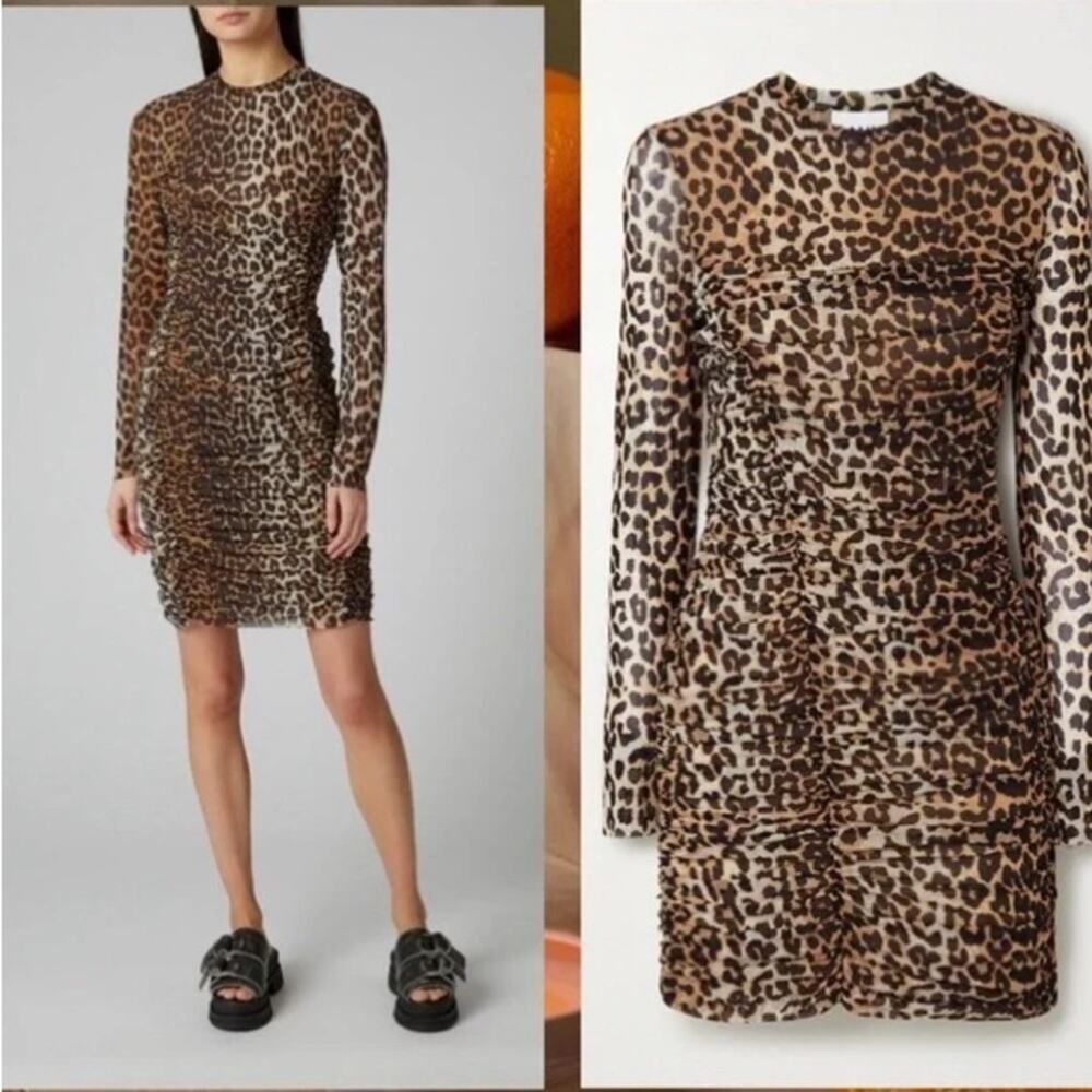 Ganni Leopard Print Mesh Ruched Dress Size 38 / US 6
